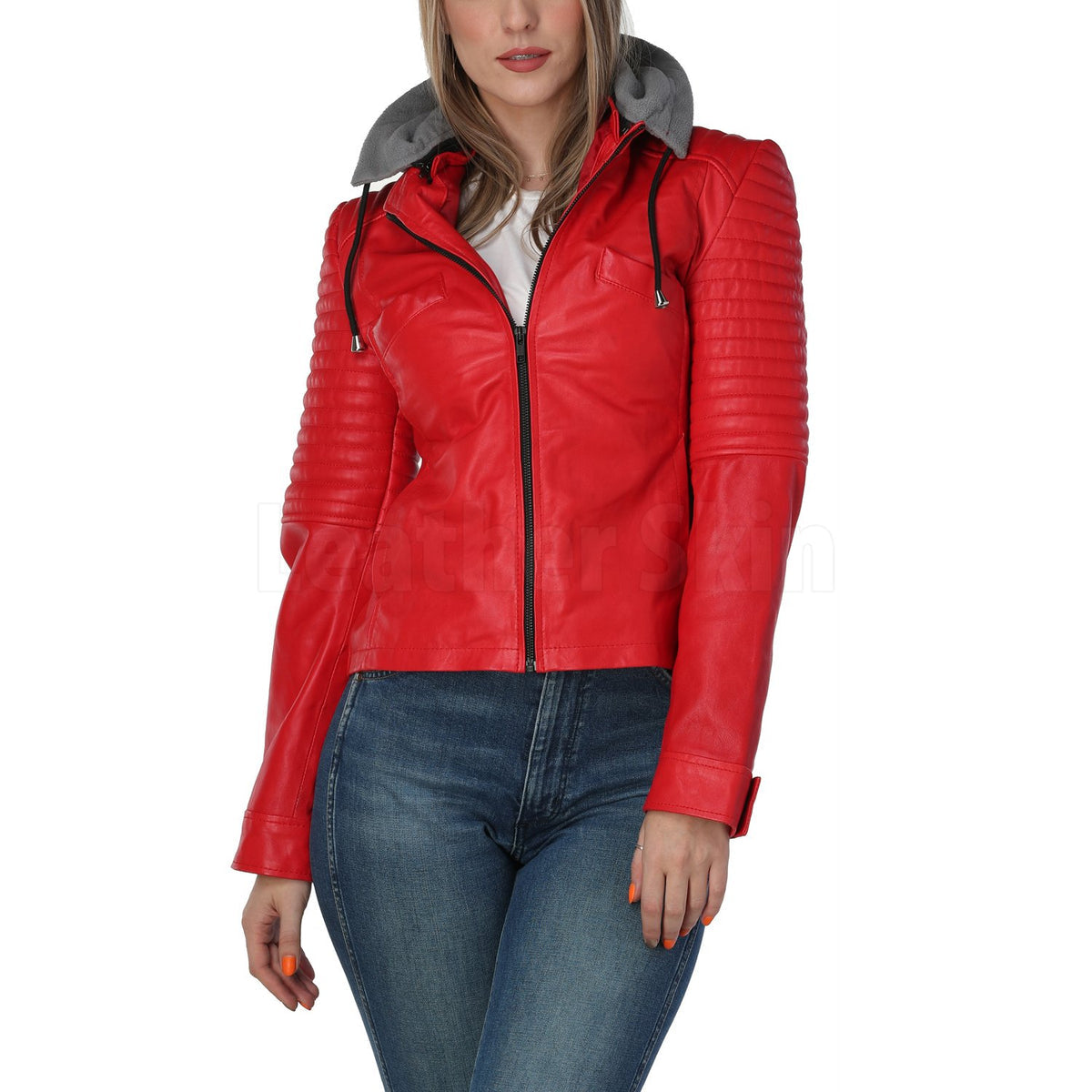 Women Red Leather Jacket With Gray Hooded