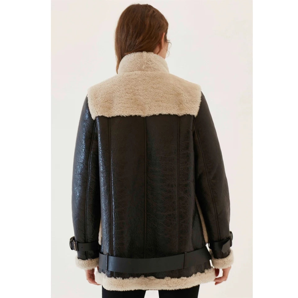 Women’s Black Leather Shearling Long Coat