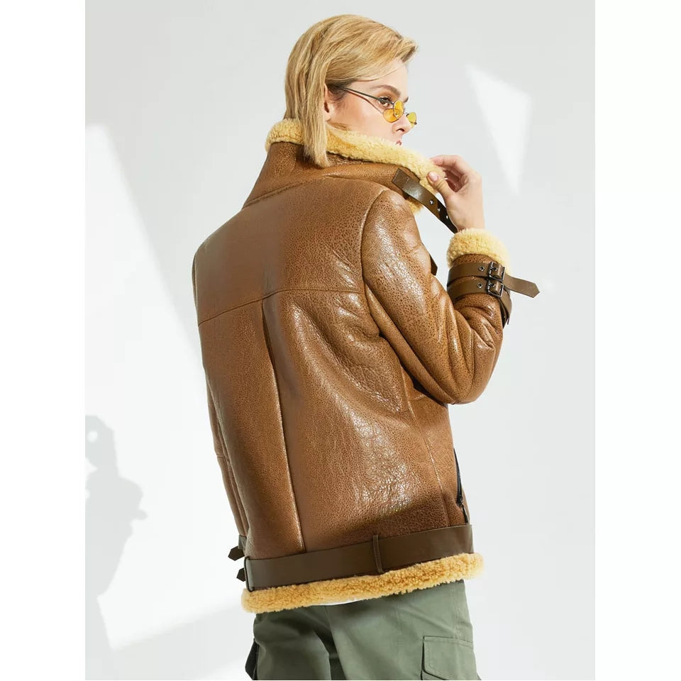 Women’s Tan Brown Leather Shearling Long Coat