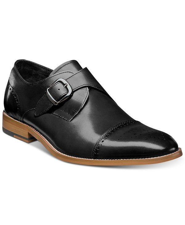 Men Black Single Buckle Strap Plain Cap Toe Genuine Leather Handmade Monk Shoes