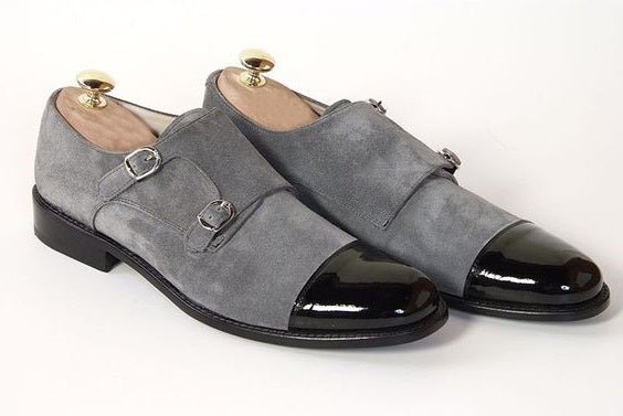 Men Gray Black Cont Monks Double Buckle Strap Derby Cap Toe Suede Leather Shoes