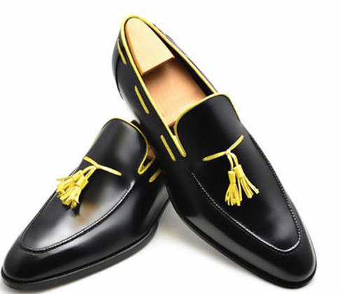 Men Yellow Tassels Black Loafer Slip On Rounded Toe Real Leather Shoes