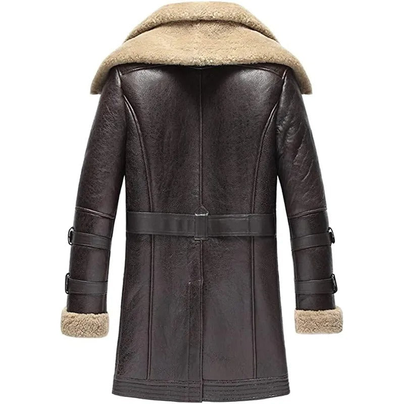 Men's Brown Long Shearling Sheepskin Coat with Fur Collar