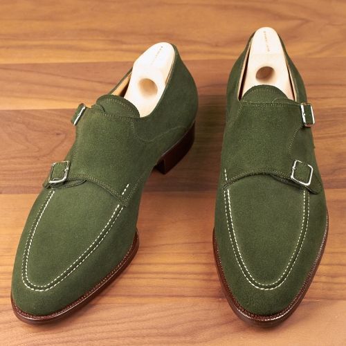 Men's Green Suede Monk Double Buckle Strap Rounded Toe Genuine Leather Shoes