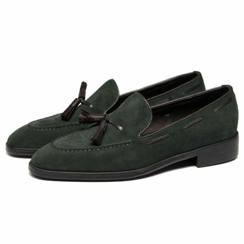 Men's Green Tassel Loafer Slip On Genuine Suede Leather Black Sole Shoes