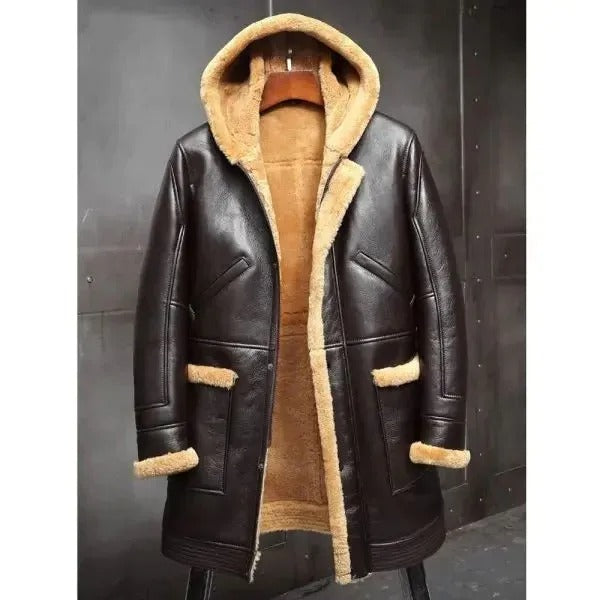 Men's RAF Hooded Long Sheepskin Shearling Winter Coat