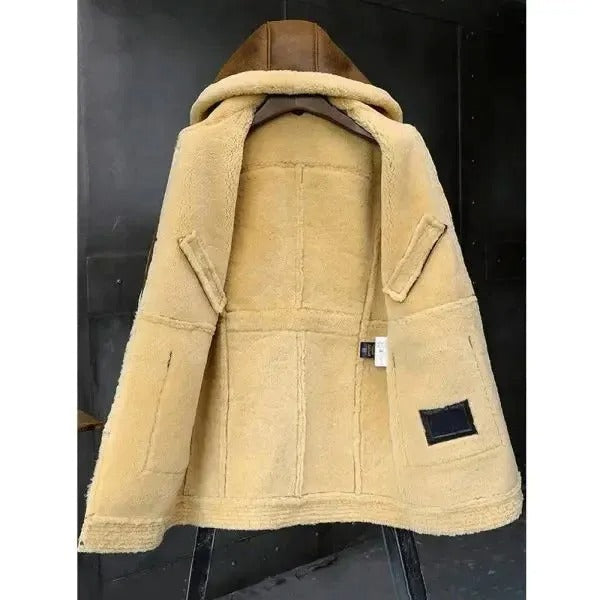 Men's Long Hooded Sheepskin Leather Winter Coat