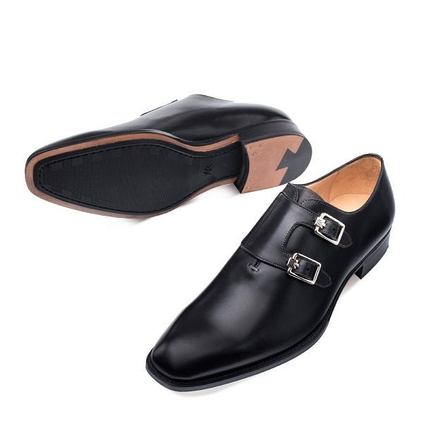 Monk Shiny Black Double Buckle Strap Rounded Derby Toe Handcrafted Real Leather