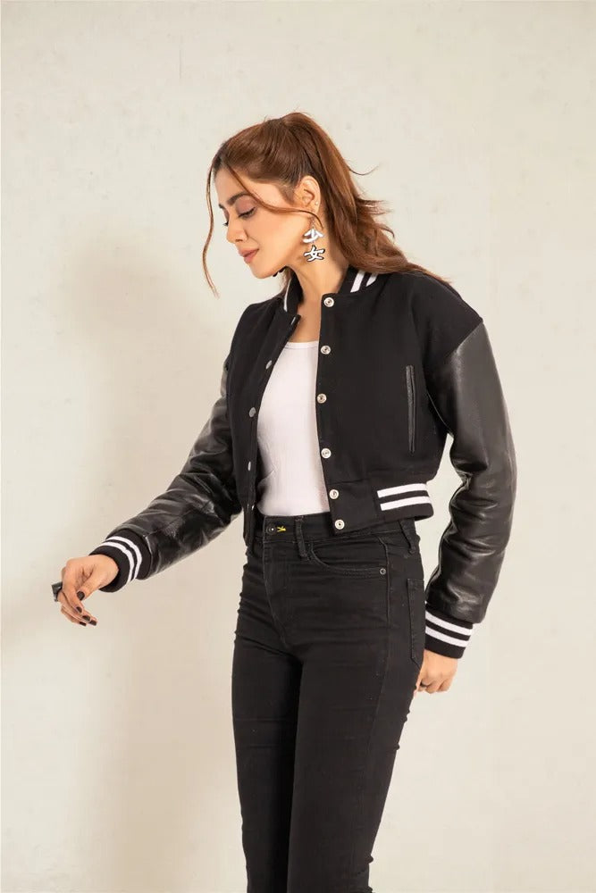 New Women's Black Wool & Leather Cropped Varsity Moto Biker Jacket