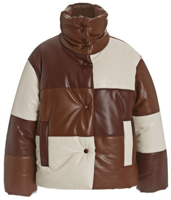 Luxury Style Lamb Brown Leather Puffer Jacket