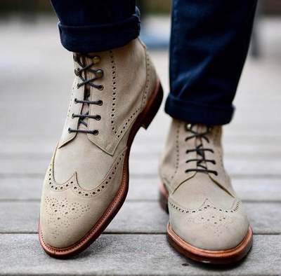 Pure Handmade Beige Suede Leather Lace up Ankle Boots for Men's