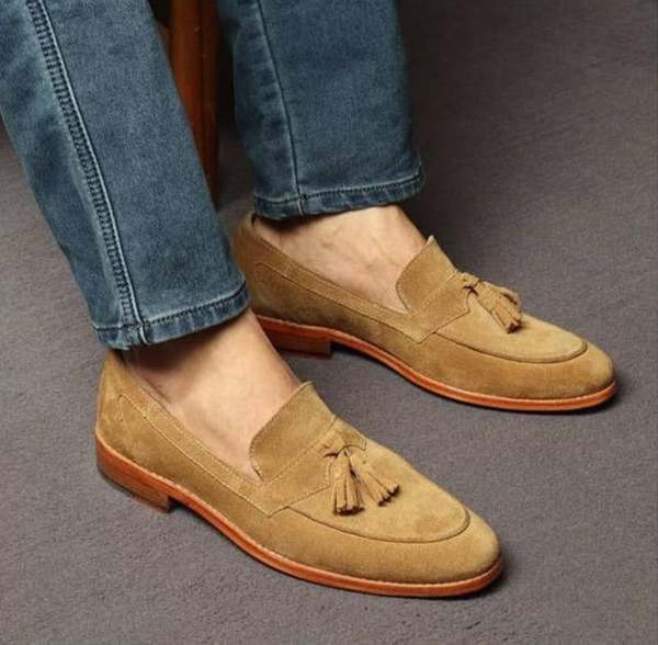 Pure Handmade Tan Suede Leather Stylish Tassel Loafer Shoes