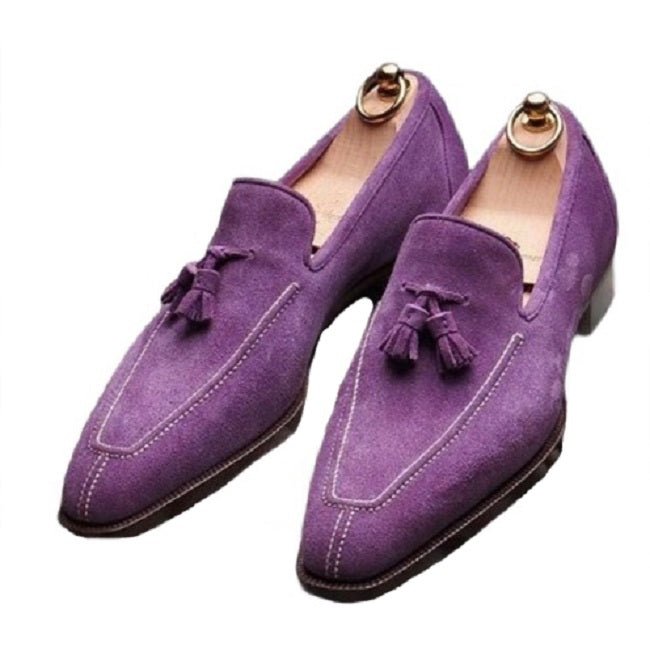 Purple Cow Skin Suede Leather Tassels Loafer Men Handmade Formal Split Toe Shoes