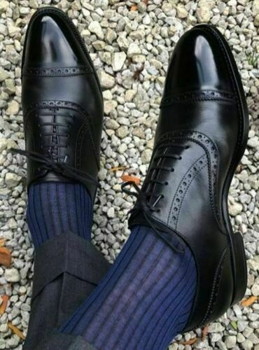 Handmade Men's Formal Black Leather Cap Toe Lace Up Dress Shoes