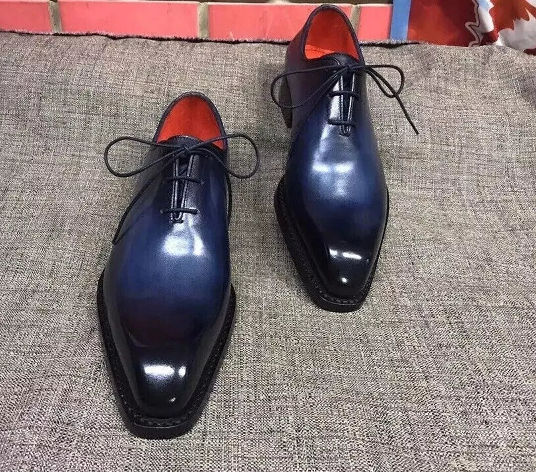 Handmade men blue leather oxford shoes, formal dress leather office