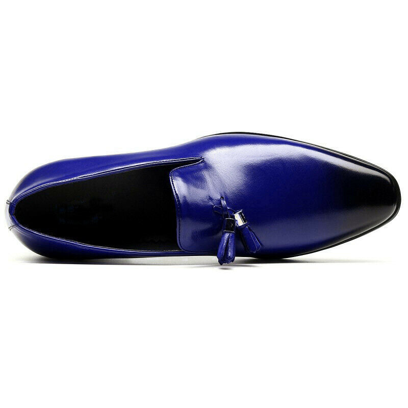 Shiny Blue Color Tassel Loafer Slip On Plain Burnished Toe Vintage Leather Shoes