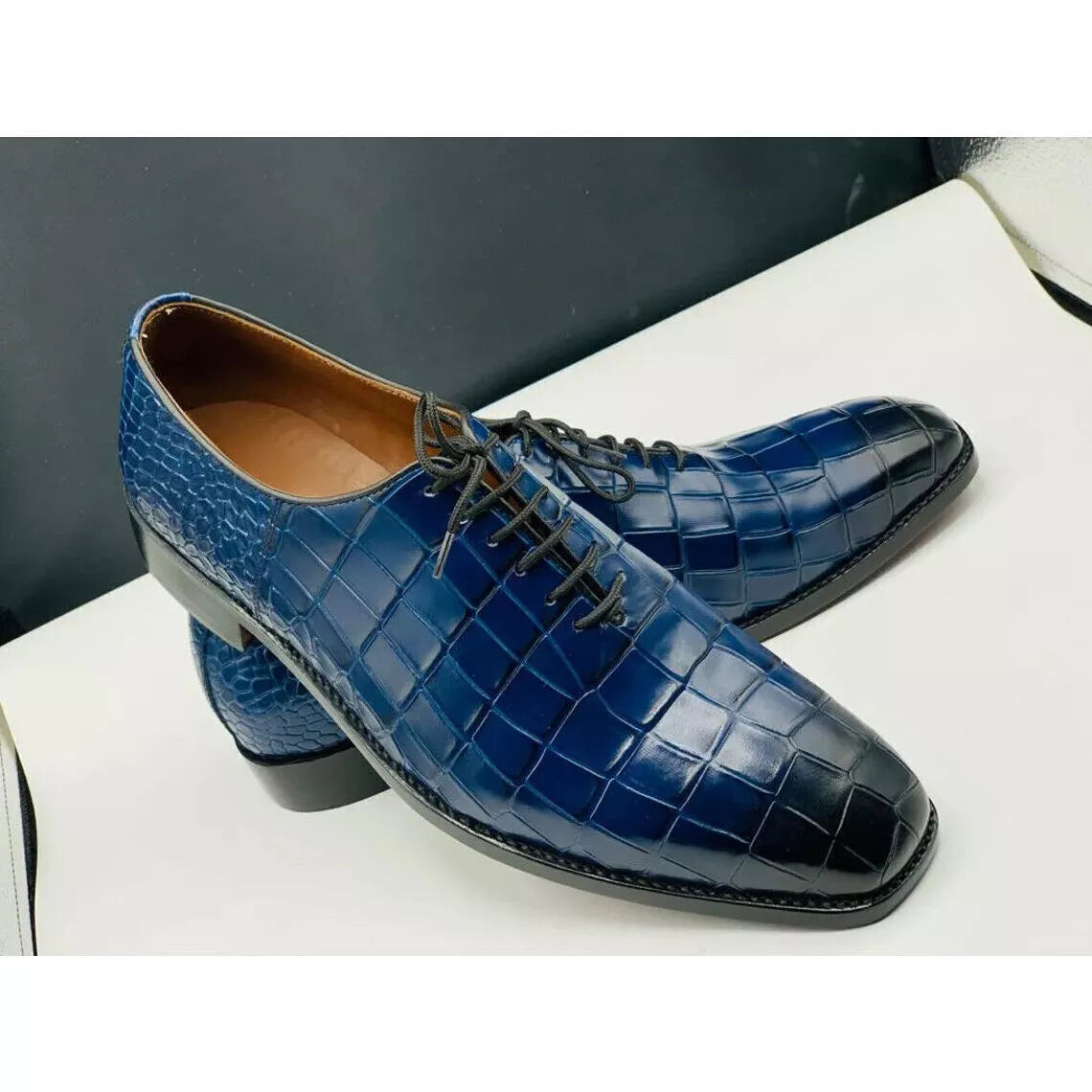 Blue Handmade Alligator Texture Dress Shoes Genuine Leather Oxford Formal Boots