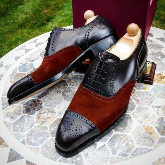 Two Tone Black Brogue Cap Toe Maroon Suede Genuine Leather Lace Up Shoes