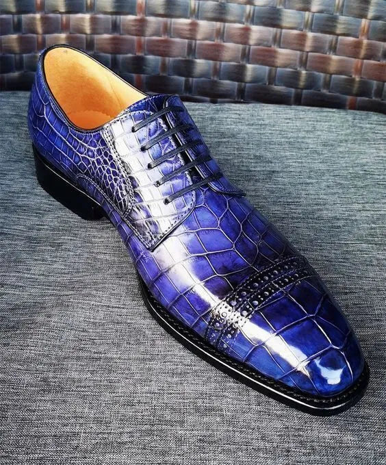 Men Handmade Blue Crocodile Print Leather Derby Lace up Toe cap Dress Shoes