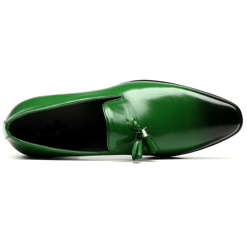 Handmade Green Tassel Loafer Slip On Derby Burnished Toe Genuine Leather Shoes