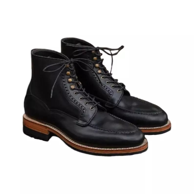 Handmade Men's Black Color Lace Up Ankle High Leather Boots