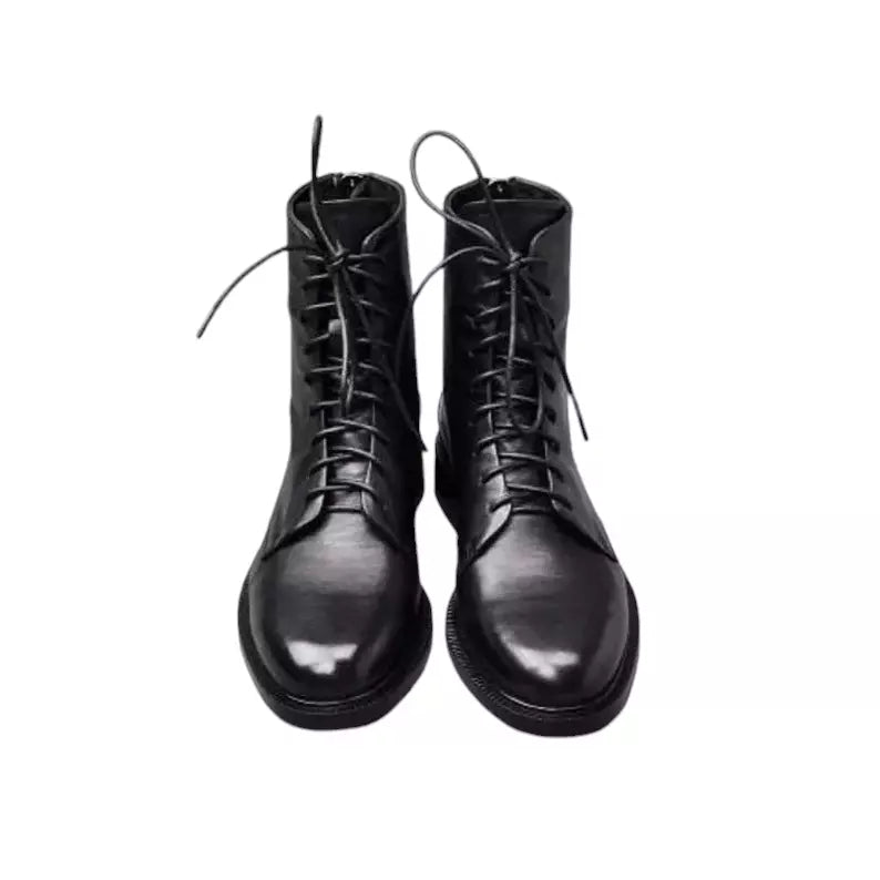 Handmade Men's Black Color Ankle High Lace Up Leather Boots