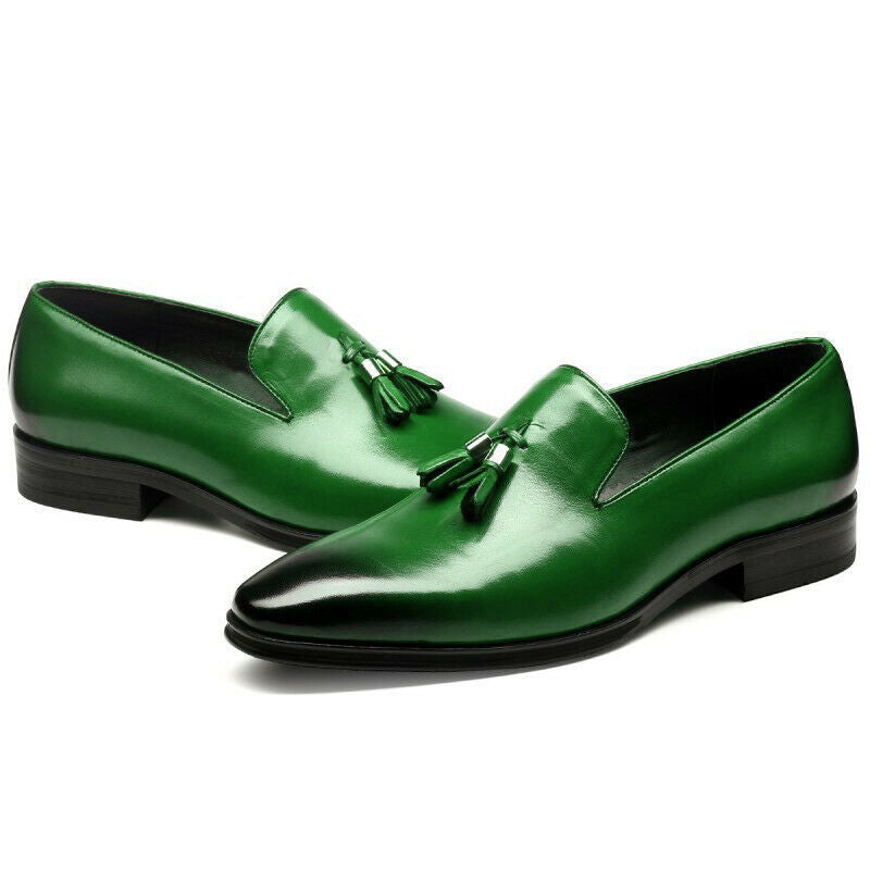 Handmade Green Tassel Loafer Slip On Derby Burnished Toe Genuine Leather Shoes