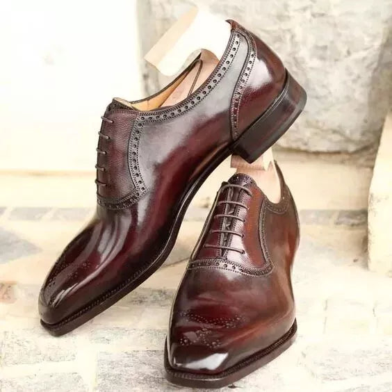 Handmade Brogue Burgundy Leather Dress Wingtip Lace Up Brogue Oxford Shoes