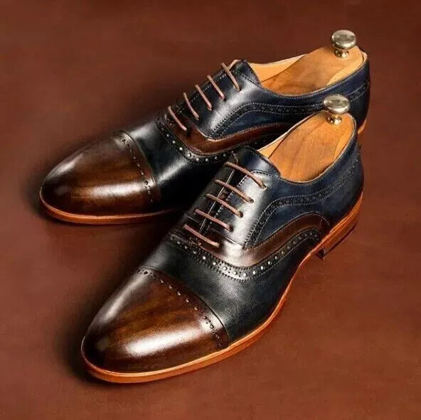 Men's Handmade Two Tone Leather Shoes Brown & Blue Oxford Formal