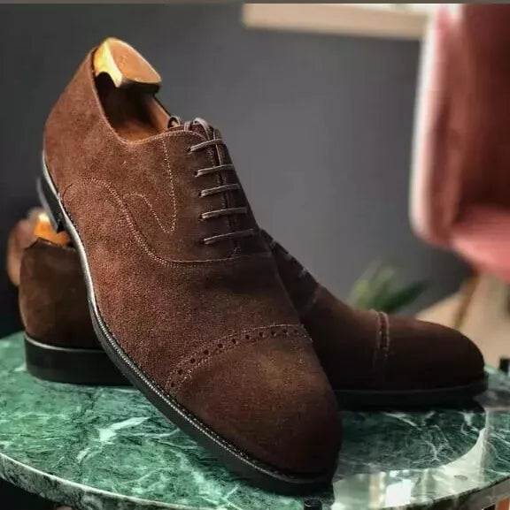 Handmade Men Brown Suede Leather Lace Up Formal Dress Office Shoes