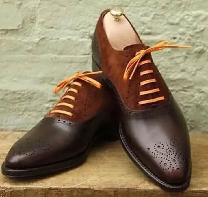 Men's Tailormade Brown Brogue Leather & Suede Oxford Lace Up Dress Formal Shoes