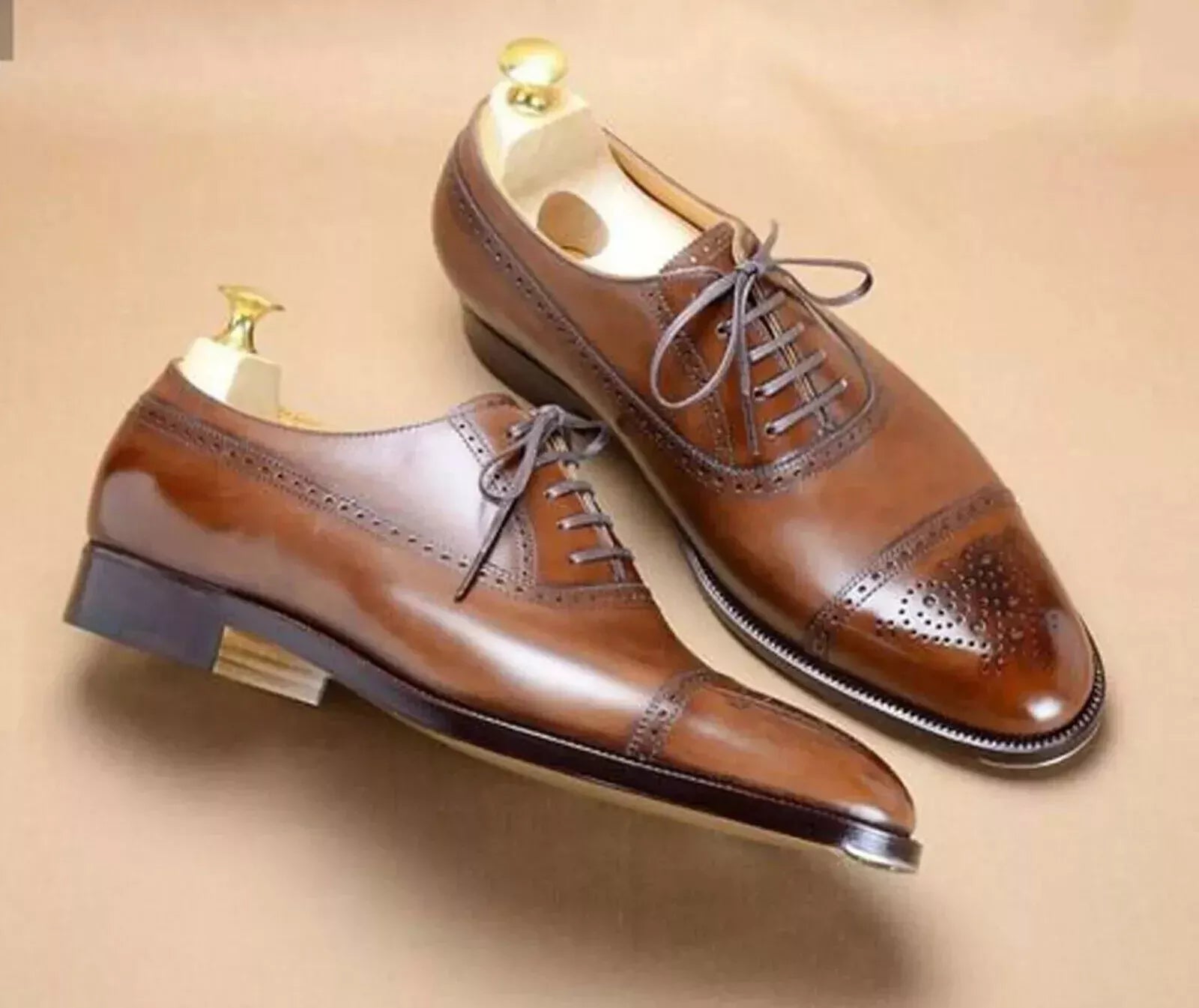 Handmade Brown Leather Toe Cap Brogue Oxford Lace up Party Shoes for man