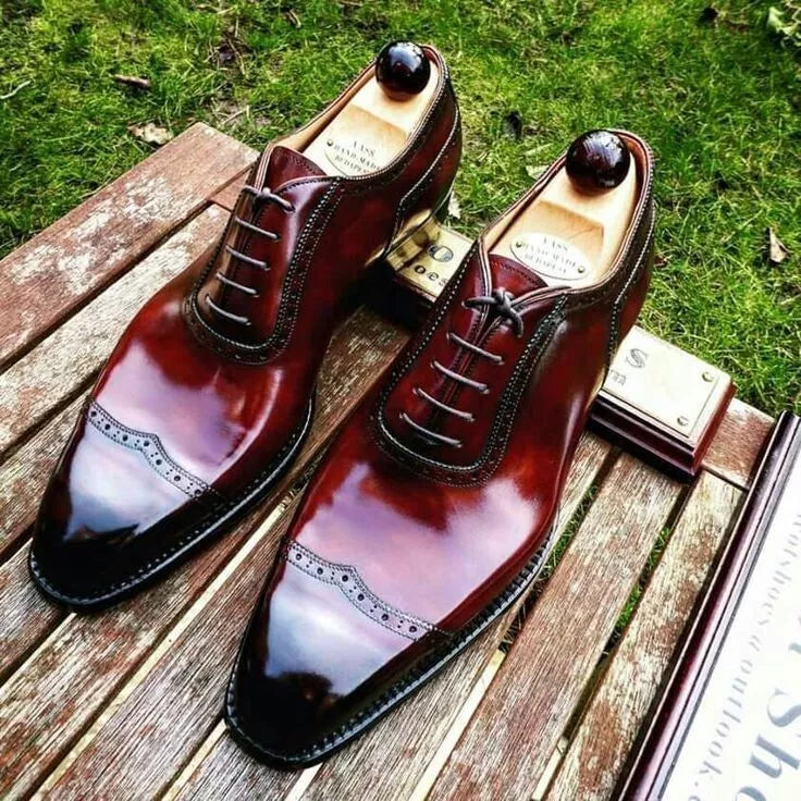 Handmade Genuine burgundy Leather Lace Up Business Wedding oxford wingtip Shoes