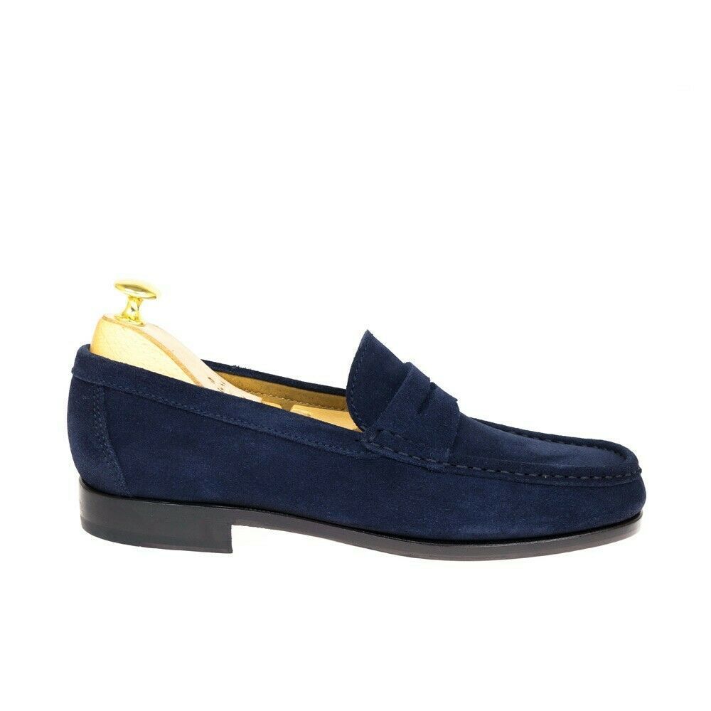 Navy Blue Color Penny Loafer Slip On Suede Genuine Leather Handcrafted Shoes