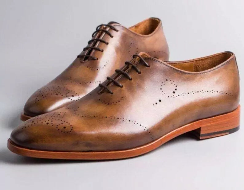 Handcrafted Men's Brown Leather Oxford Shoes with Patina Finish Classic Goodye