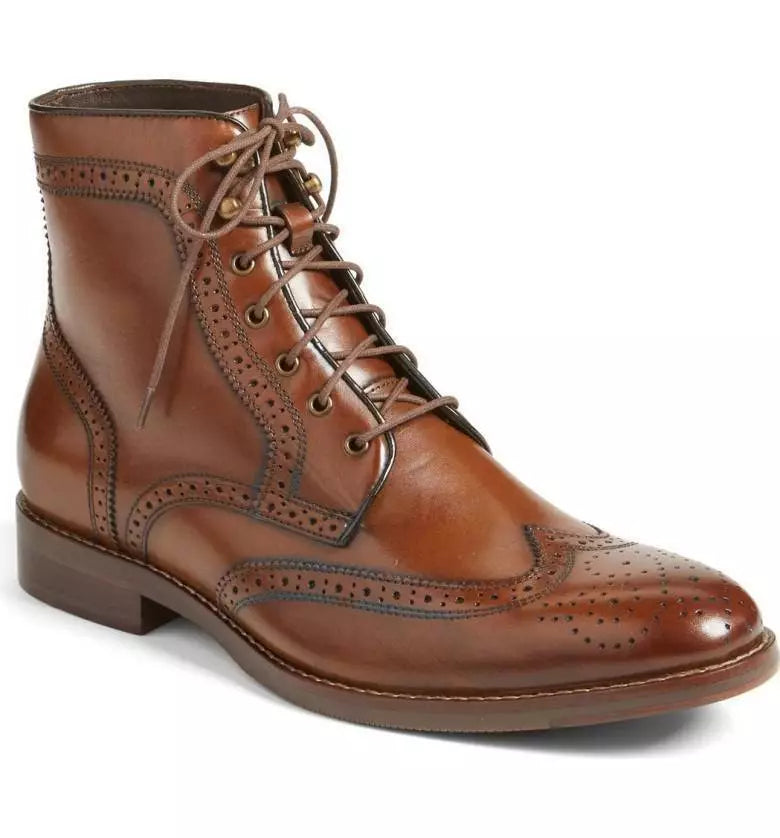 HANDMADE LEATHER SHOES BROGUE BROWN WINGTIP HIGH ANKLE BOOTS