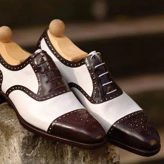 Men's Handmade White,Brown Leather Oxford Toe-Cap Brogue Casual Shoes