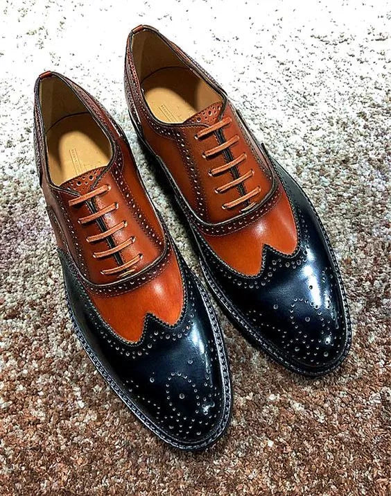 Handmade New Men’s Genuine Two Toned Leather Oxford Lace up Wingtip Brogue Shoes