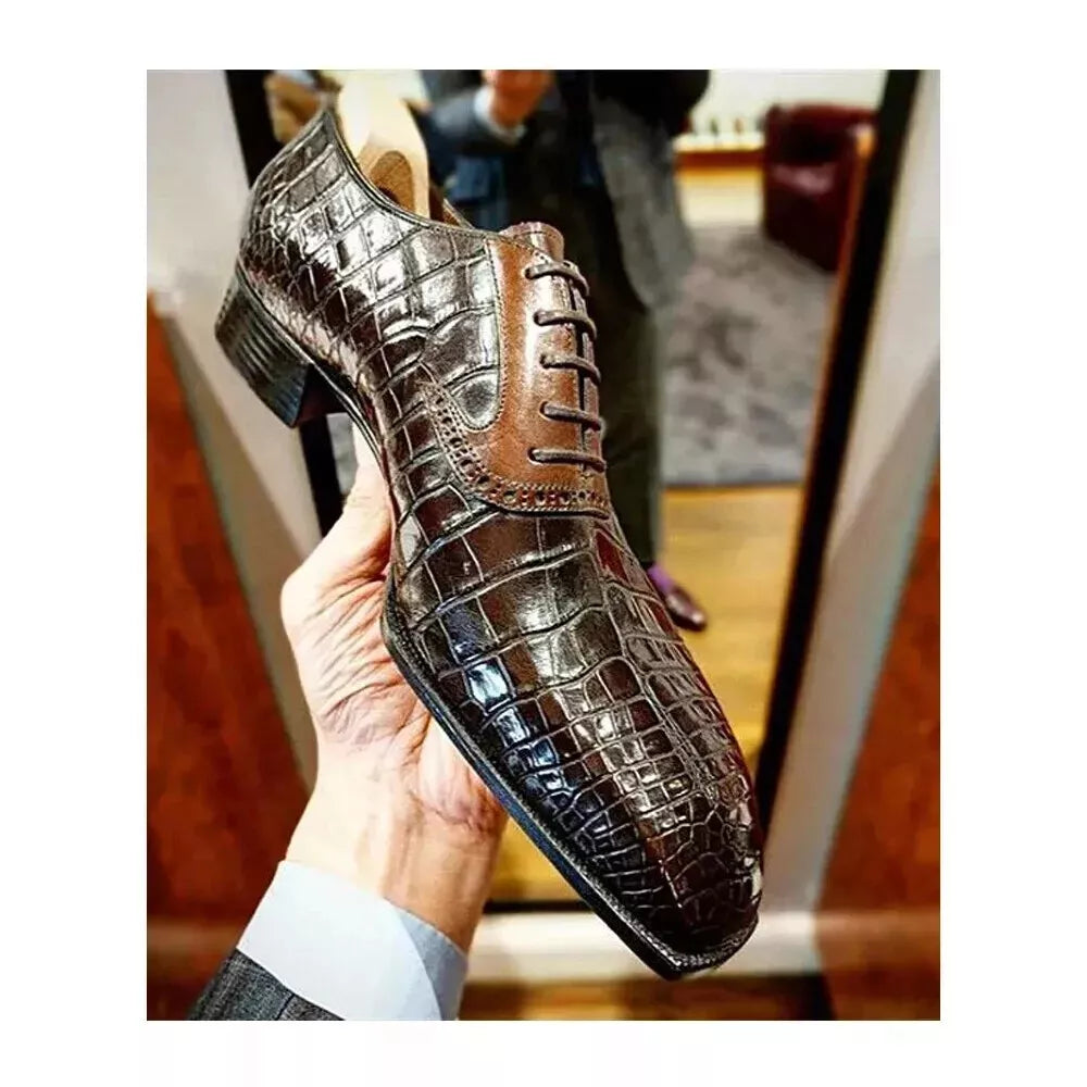 Handmade Men Leather Oxford Crocodile Pattern Dress Shoes Formal Brown Shoes