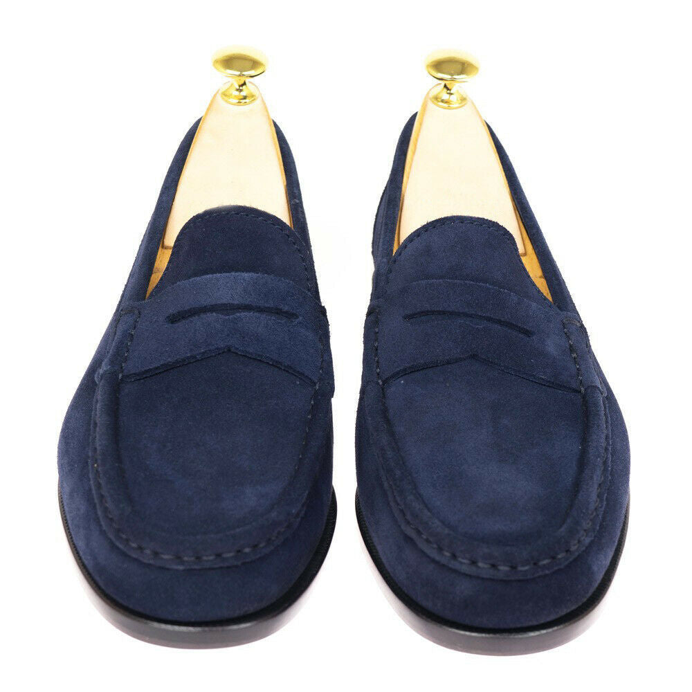 Navy Blue Color Penny Loafer Slip On Suede Genuine Leather Handcrafted Shoes