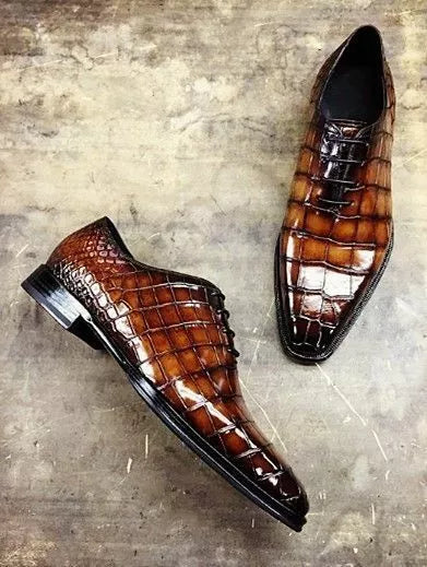 Handmade Men Brown Crocodile Texture Leather Formal Oxford Dress Shoes