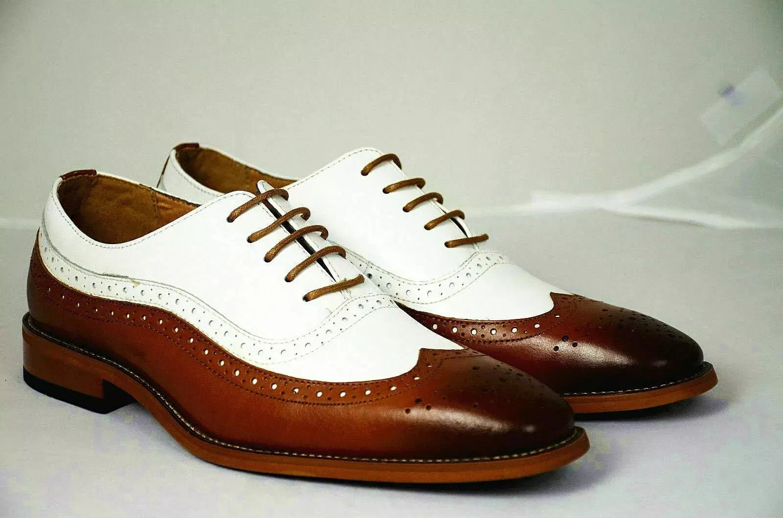 Mens Handmade Shoes Two Tone Dark Tan Leather & White Suede Brogue Lace Up Shoes