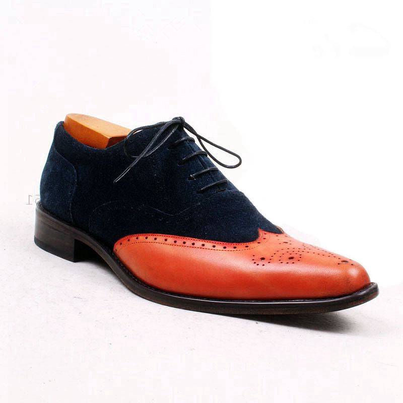 Two Tone Oxford Navy Blue Suede Tan Wing Tip Brogue Toe Leather Shoes