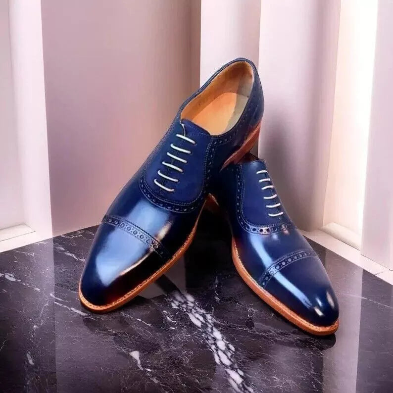 Men Handmade Blue Leather Lace-Up Dress Shoes Formal Casual Office