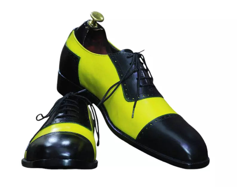 Handmade Men Two Tone Black & Yellow Leather Lace Up Brogue Oxford Formal Shoes