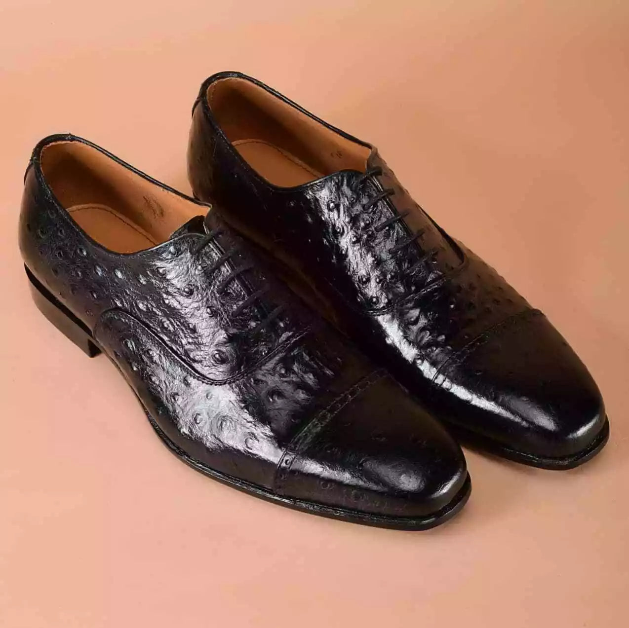 Handmade Men Black Ostrich Leather Formal Dress Shoes, Oxford Business Shoes