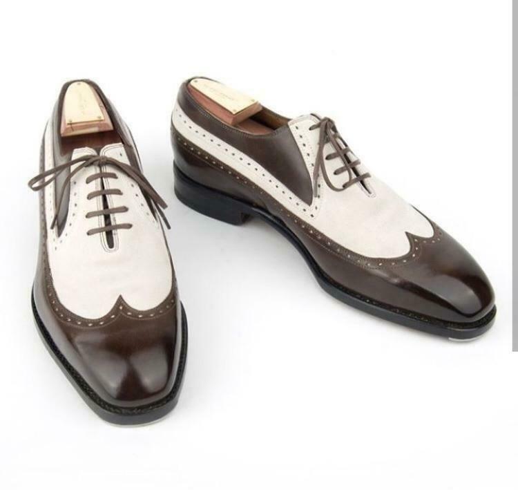 Handmade Men’s Leather Oxfords Wingtip Two Tone Formal White Brown Shoes