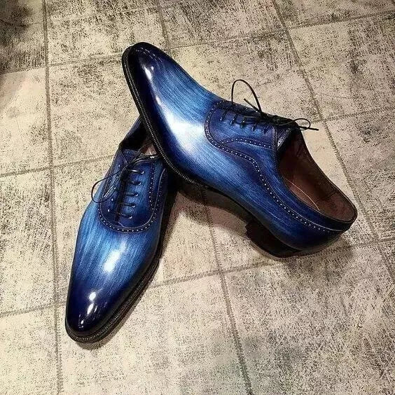 Men's Pure Handmade Blue Patina Leather Lace Up Oxford Dress Formal Shoes