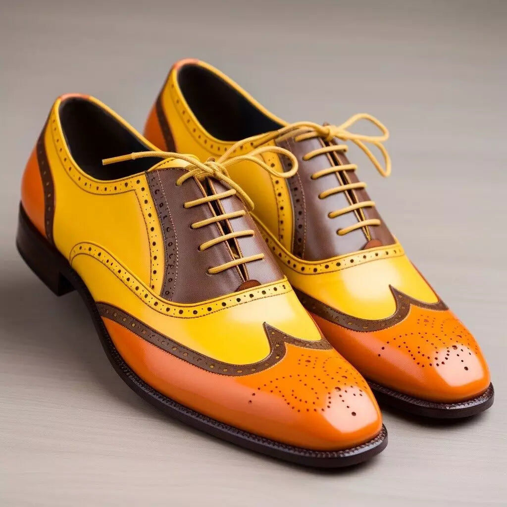 Men's Handmade Multi Color Three Tone Leather Oxford Lace-up Wingtip Dress Shoes