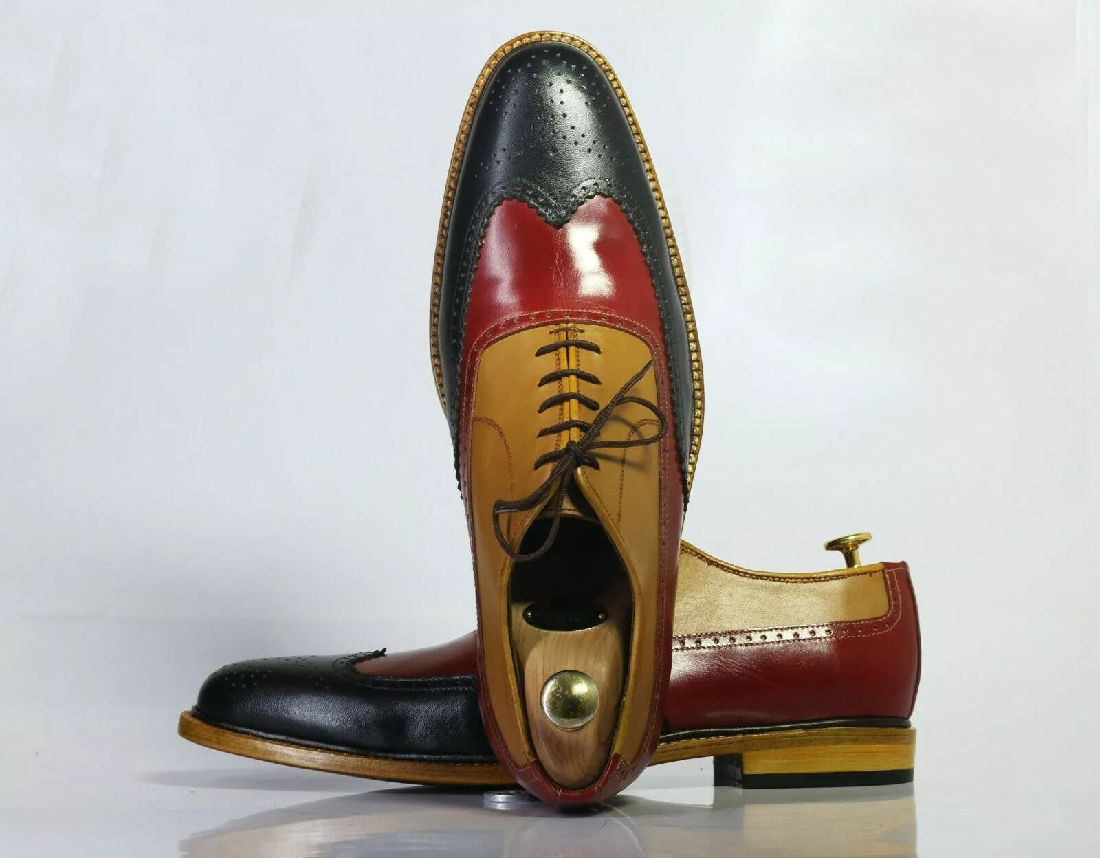 Men’s Handmade Multi Color Wing Tip Brogue Leather Shoes, Men Lace Up Dress Shoe